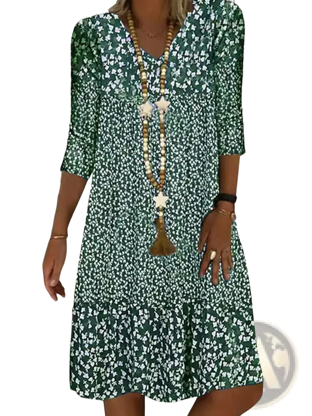 Green floral print midi dress with v neck three quarter sleeves made of lightweight fabric for elegant occasions