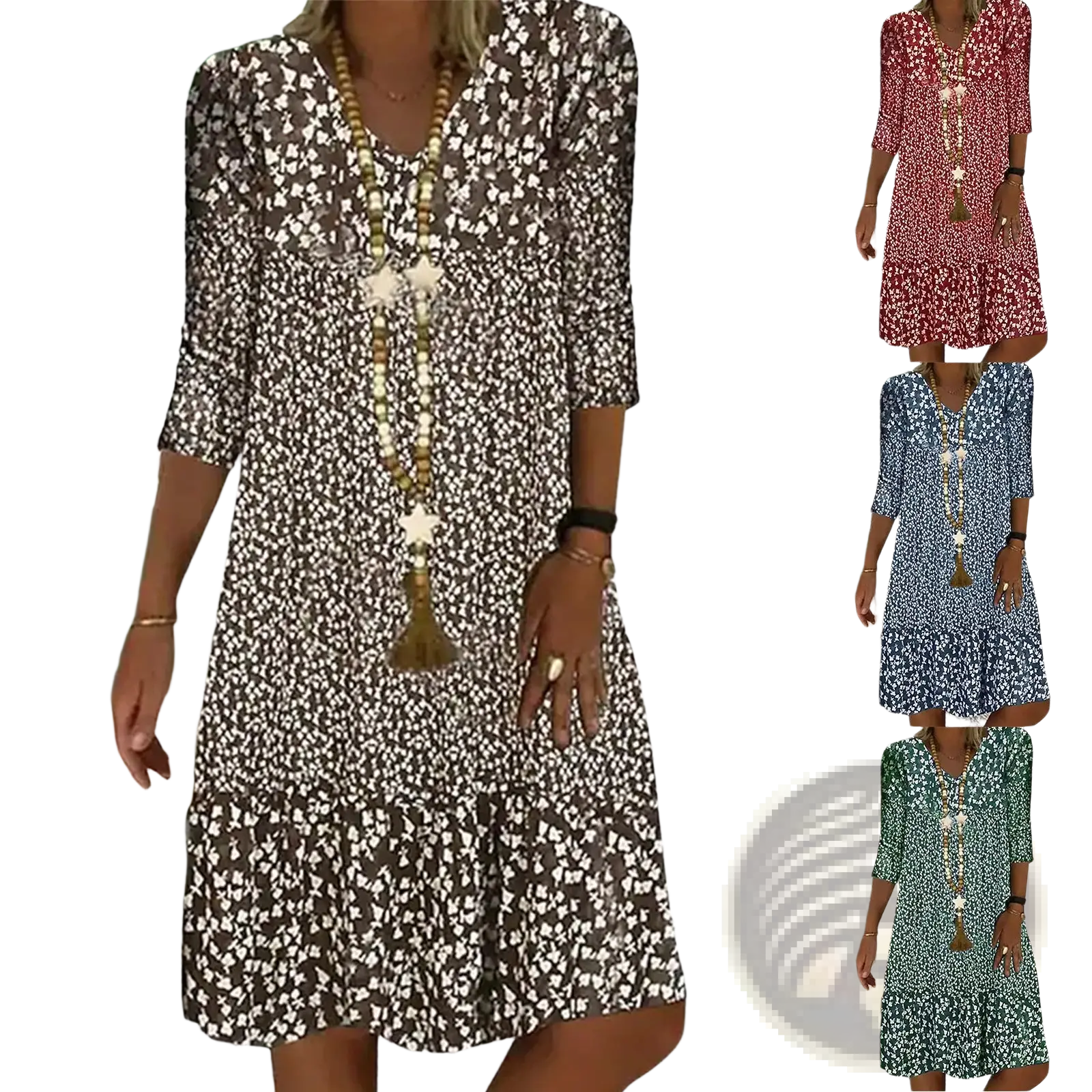 Brown and white floral print v neck midi dress with three quarter sleeves for elegant casual wear