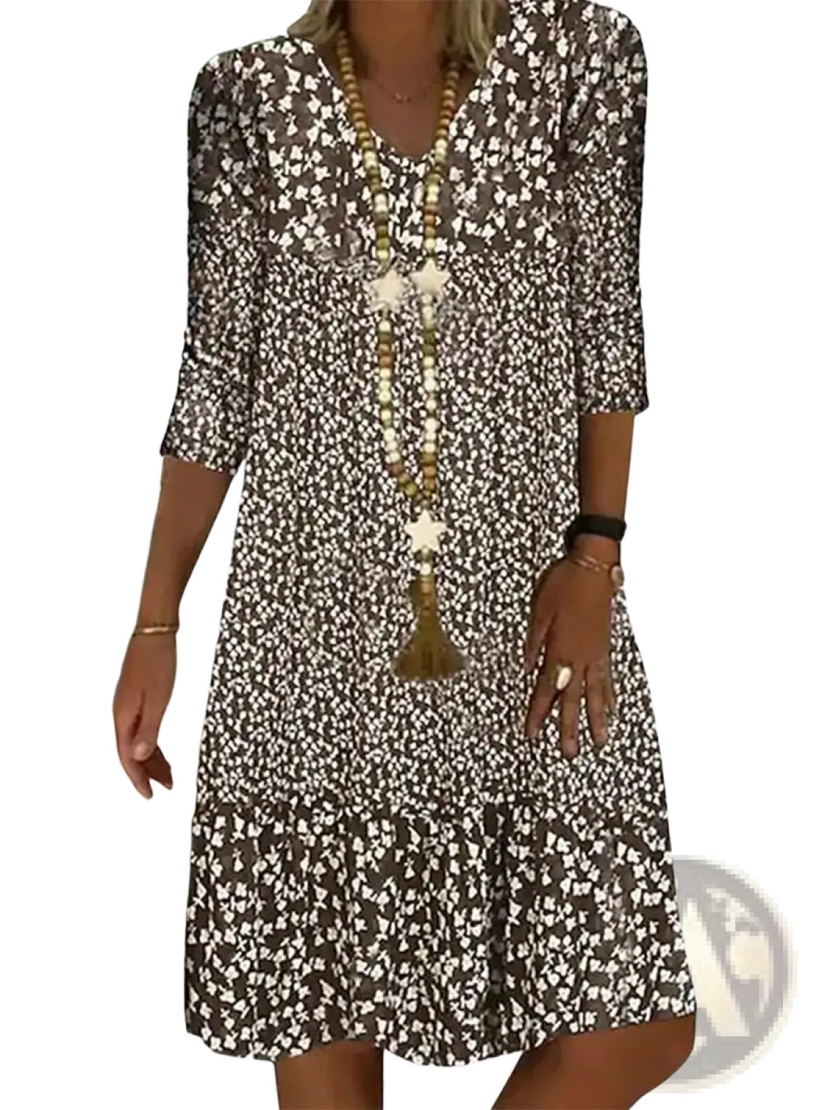 A brown and white floral print v neck midi dress with three quarter sleeves suitable for casual wear