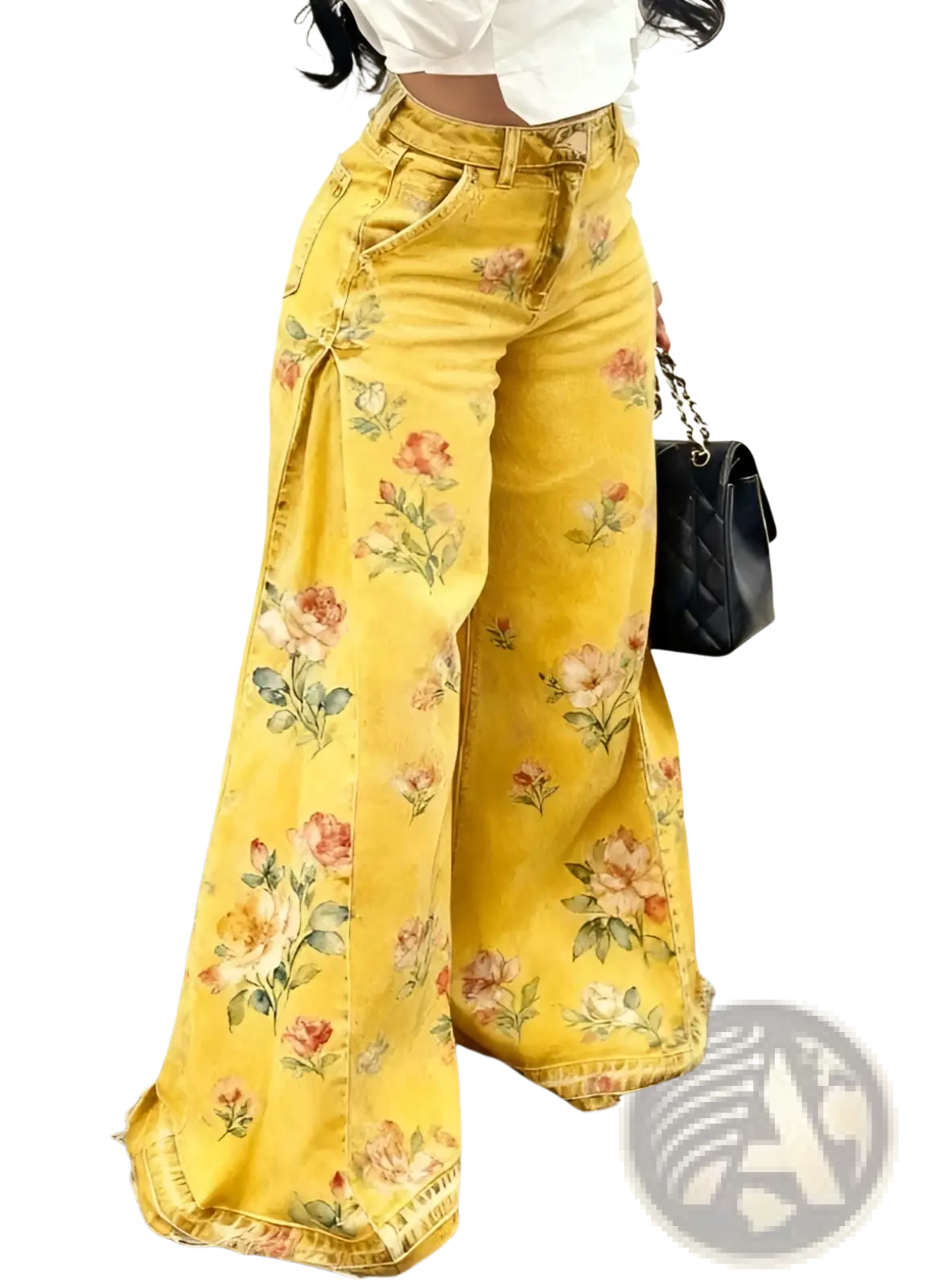 Yellow floral print wide leg denim pants featuring vibrant floral patterns and relaxed fit for casual wear