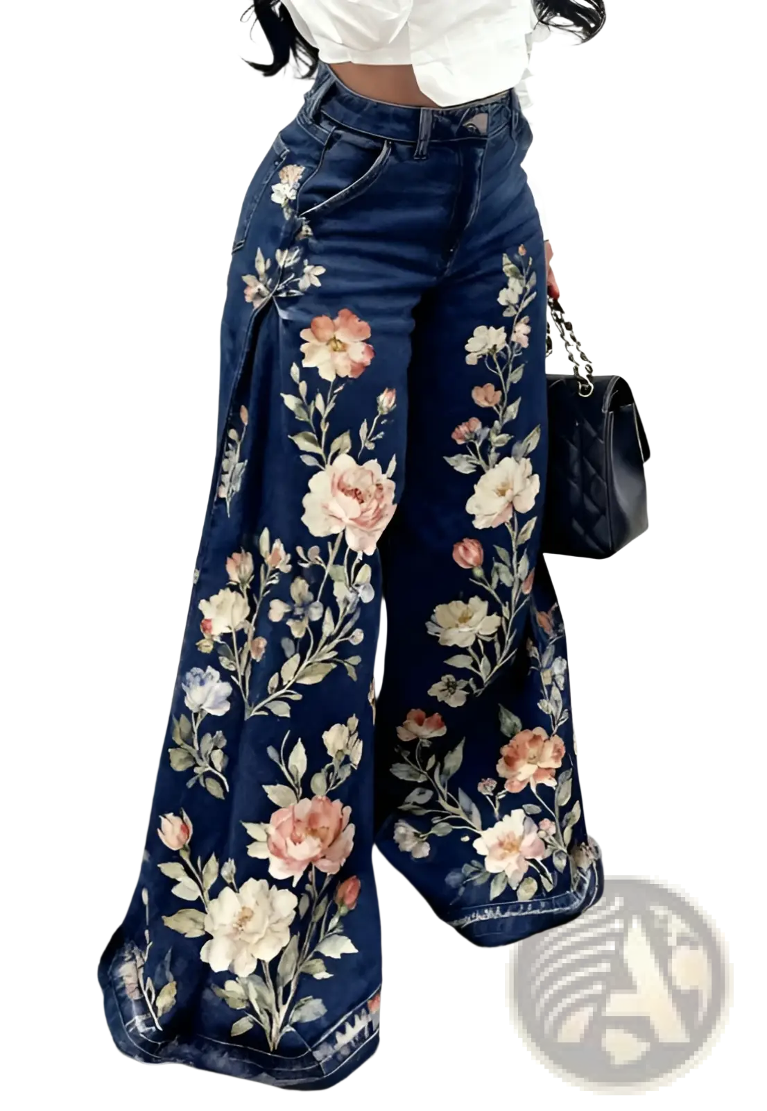 Dark blue denim wide leg pants with vibrant pink peach and white floral print for stylish casual wear