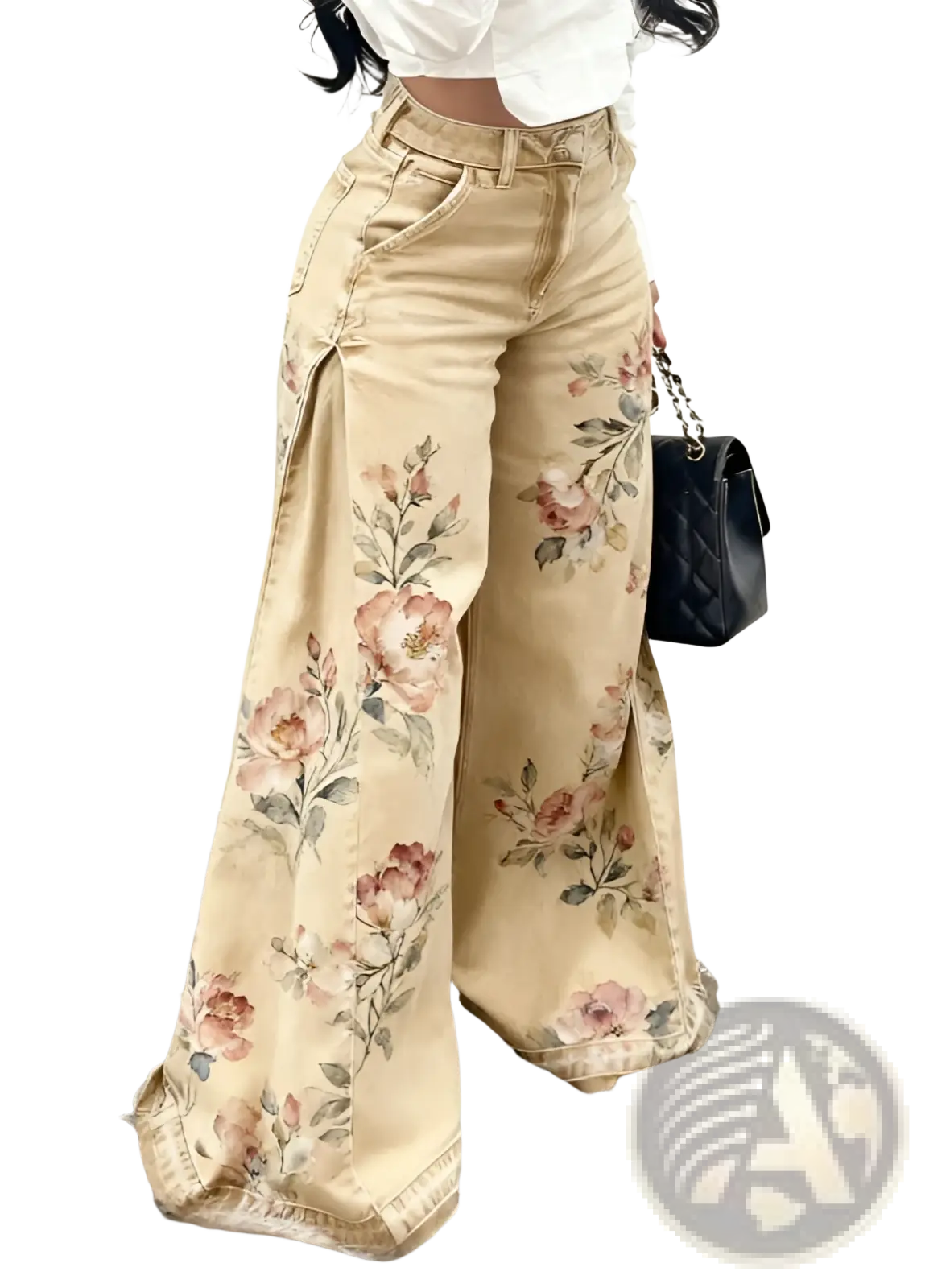 Beige floral print wide-leg denim pants with a high waist and side slit for a stylish casual look