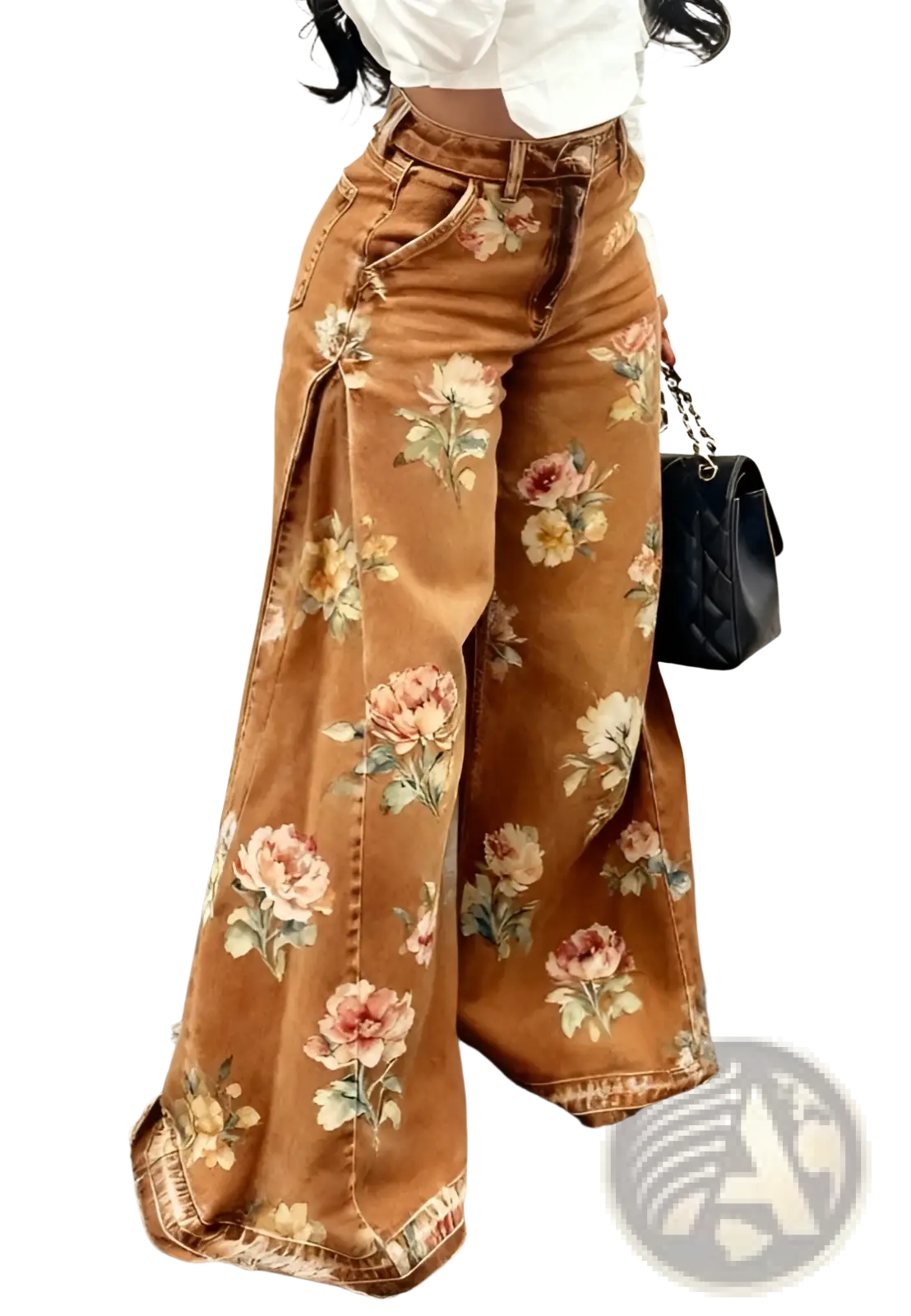 Floral print wide leg denim pants in brown with a distressed vintage-inspired design and a wide leg fit