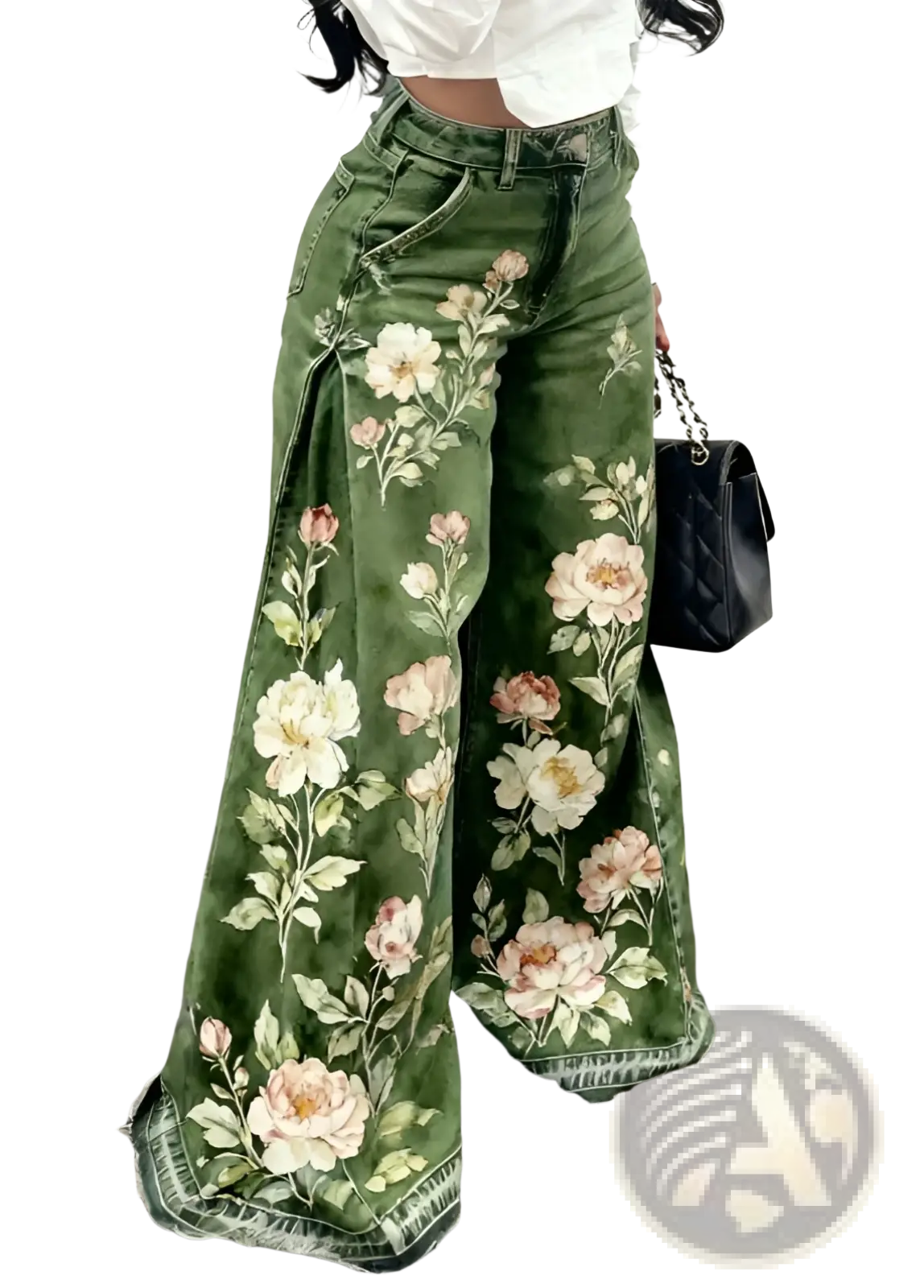 Olive green floral print wide leg denim pants featuring delicate white and blush pink blossoms