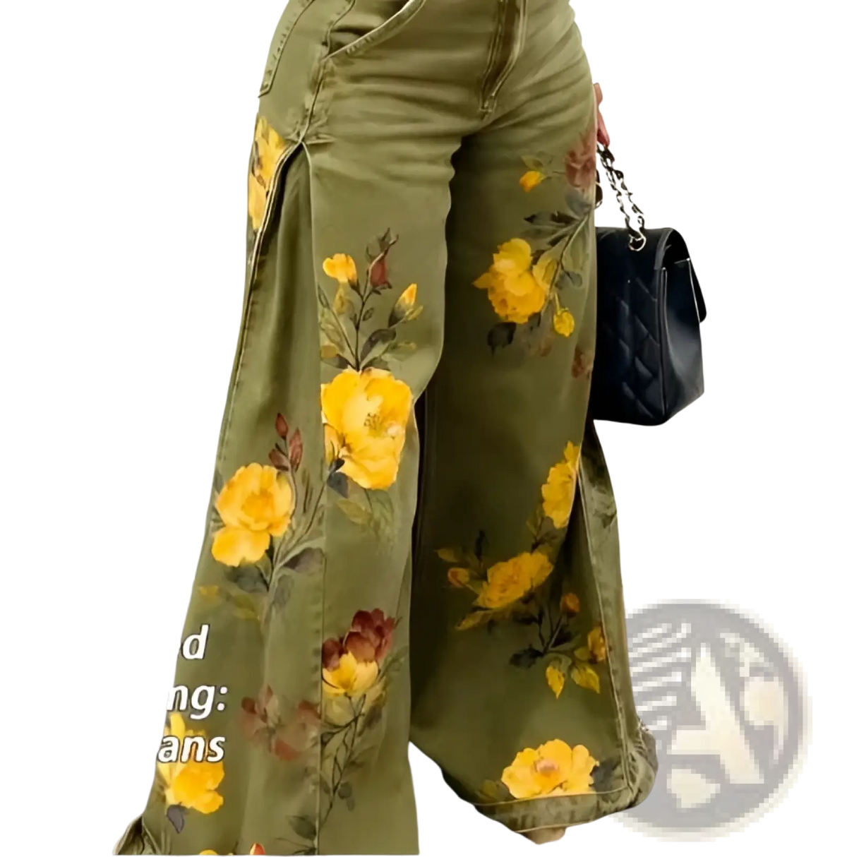 Floral print wide leg denim pants in olive green with vibrant yellow floral pattern featuring detailed stems and leaves