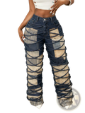 High-waisted floral print wide leg denim trousers with patchwork design and crisscross dark blue straps
