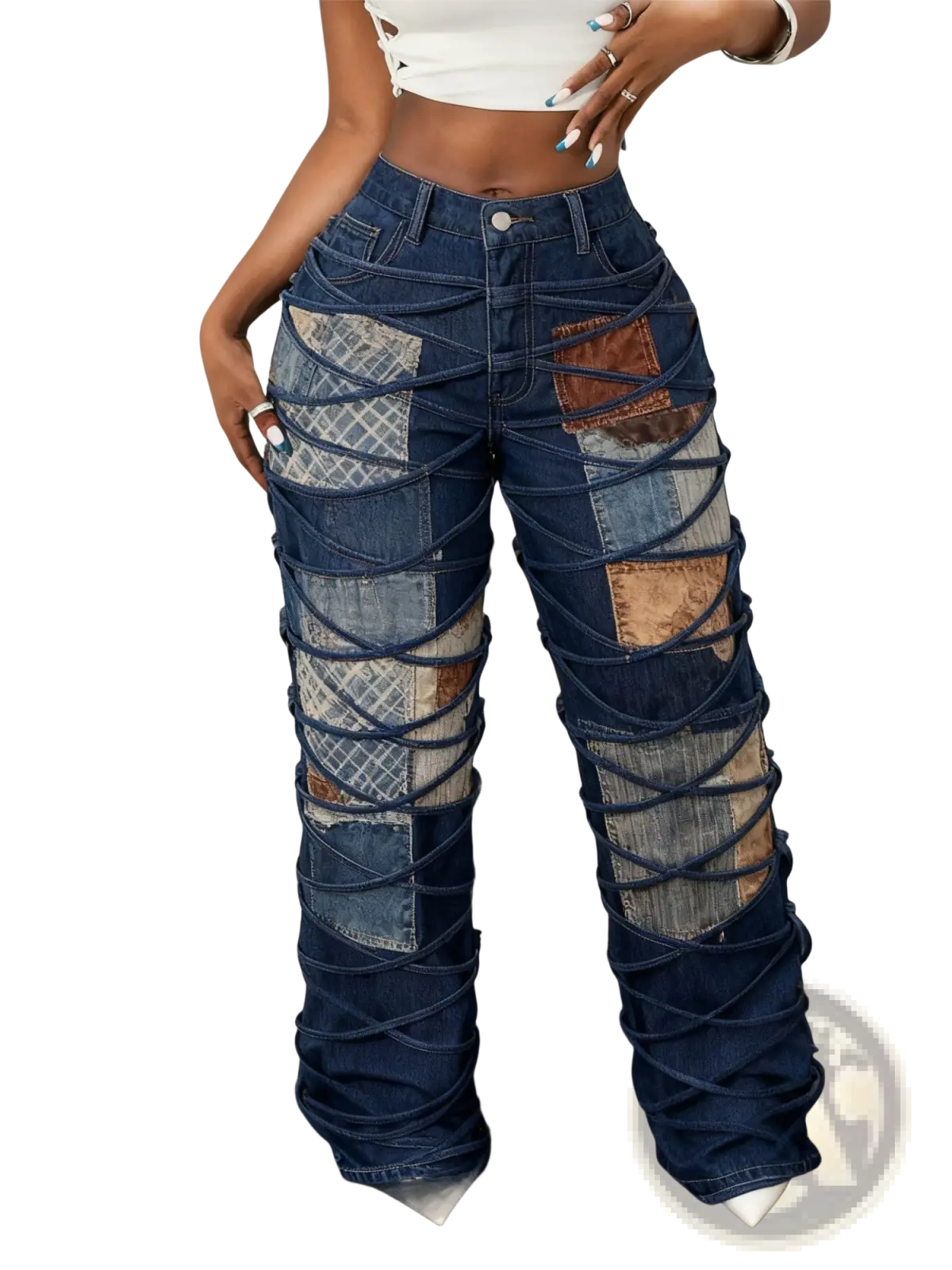 Dark blue denim floral print wide leg trousers with patchwork brown and gray panels and crisscrossed straps