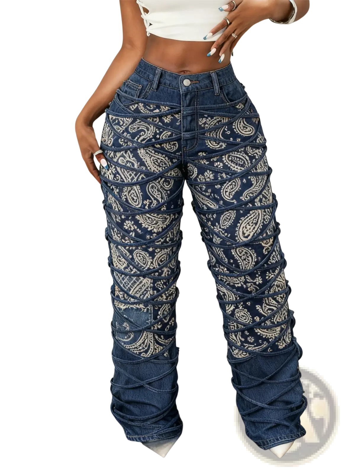 Blue denim floral print wide leg trousers with paisley pattern and ruched detailing along the legs