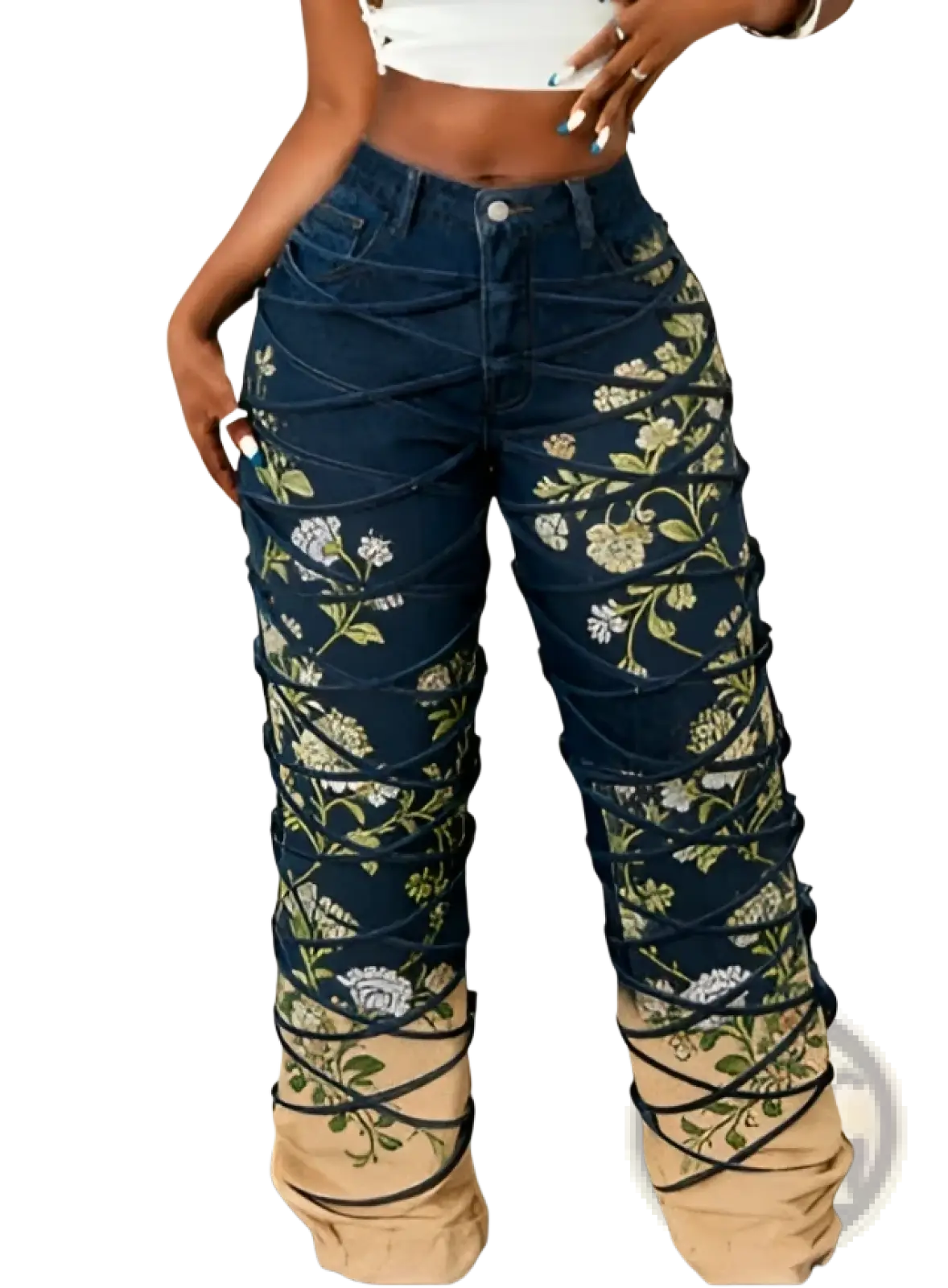 Dark blue denim floral print wide leg trousers with intricate embroidery and beige lace up cuffs