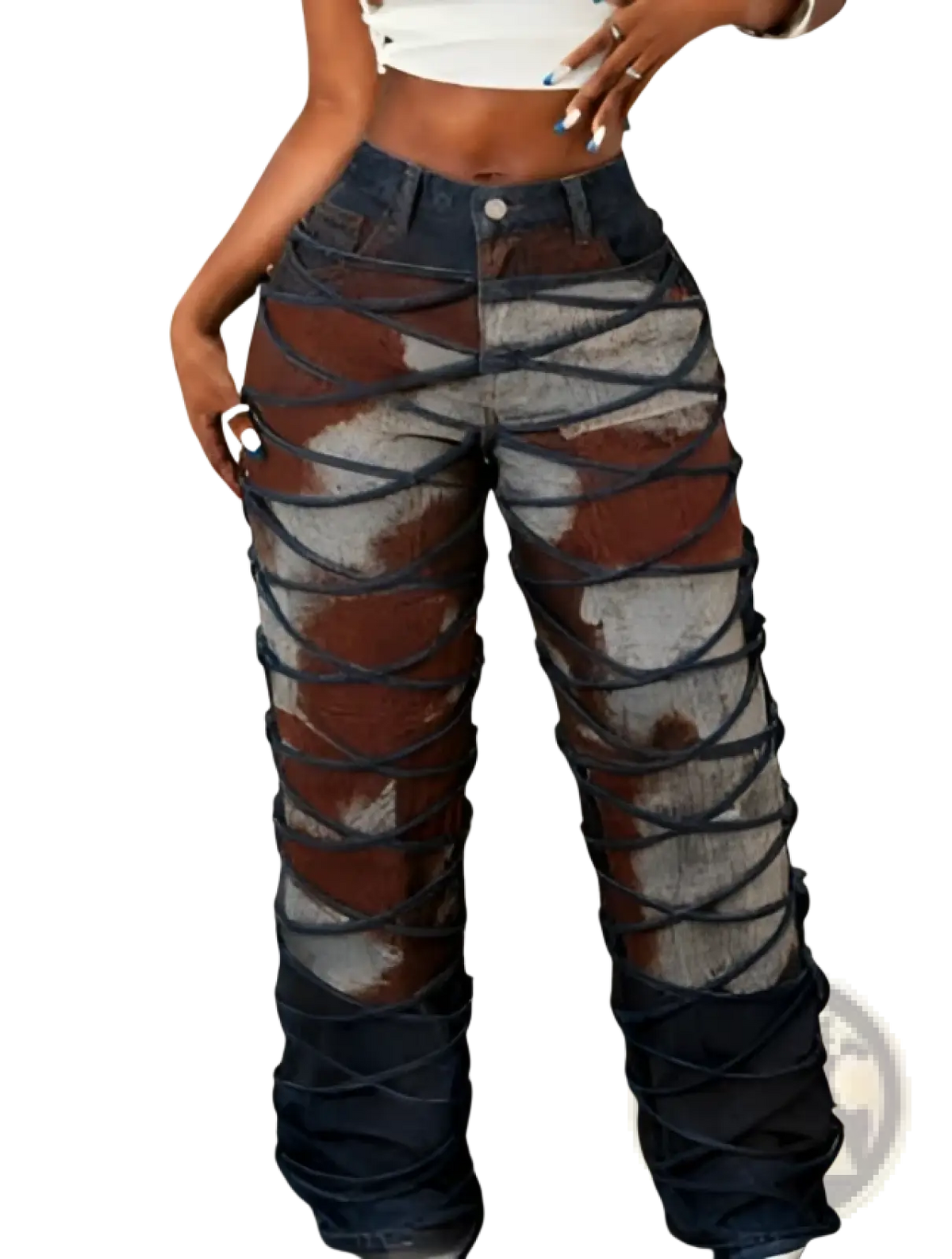 Floral print wide leg denim trousers in dark blue with crisscross lacing and faded brown and gray fabric patches