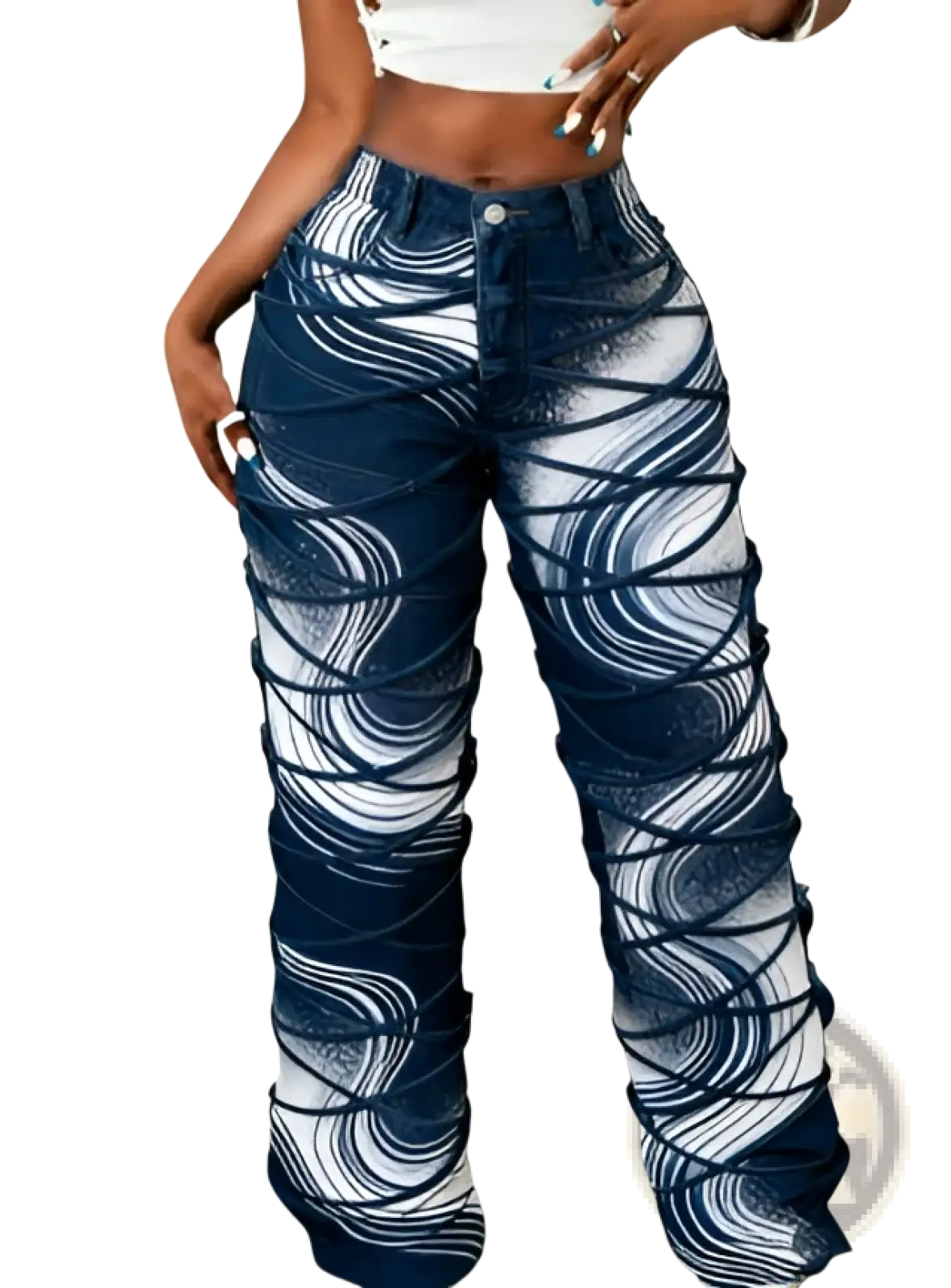 Floral print wide leg denim trousers featuring blue and white patterned denim leggings with a swirling design