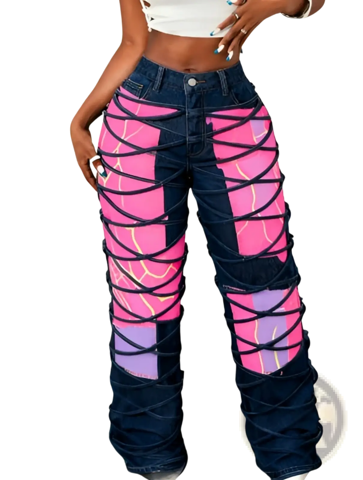 Floral print wide leg denim trousers featuring high-waisted design with bold pink purple panels and black straps