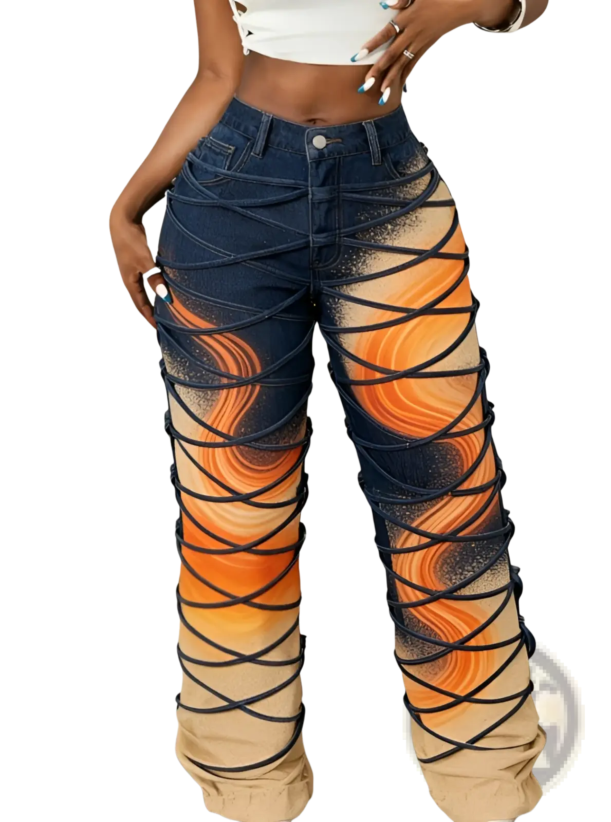 Floral print wide leg denim trousers with high-waisted vibrant orange and beige cosmic swirl print and black crisscross lacing