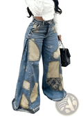 Floral print wide leg denim trousers with patchwork beige and dark blue fabric and distressed high-rise waist design