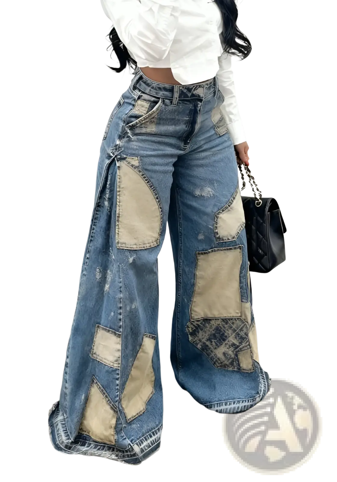Floral print wide leg denim trousers with patchwork beige and dark blue fabric and distressed high-rise waist design