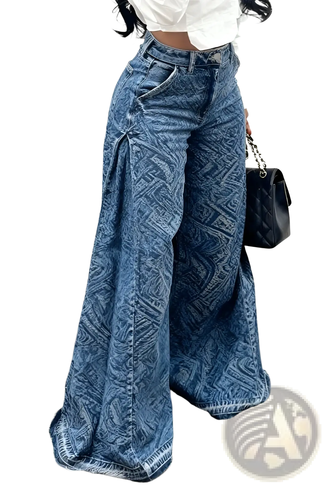Blue denim wide-leg pants with a bold geometric pattern and frayed hem for retro casual wear