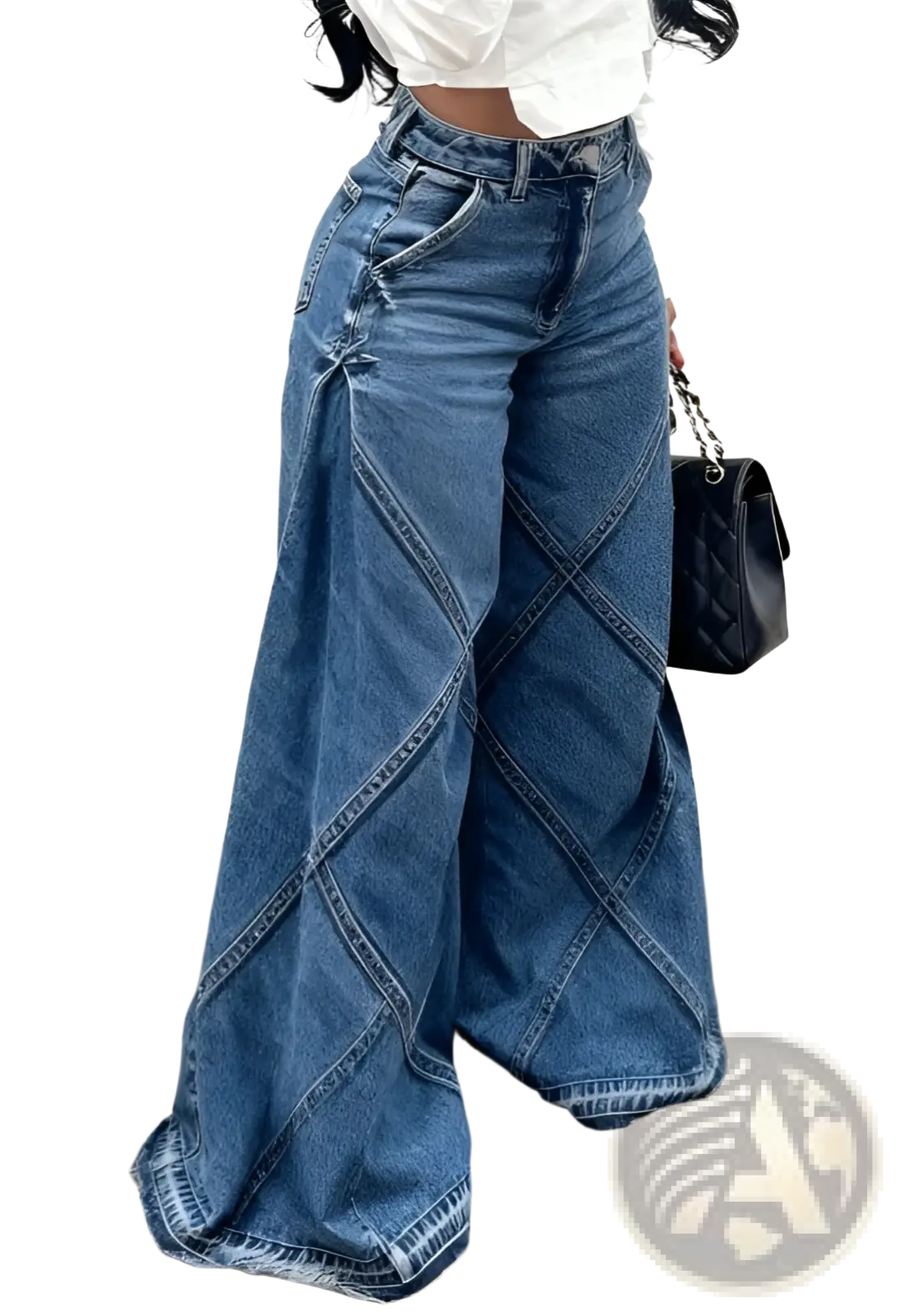 Blue denim wide leg pants with diamond patterned seam design floral print retro casual denim trousers