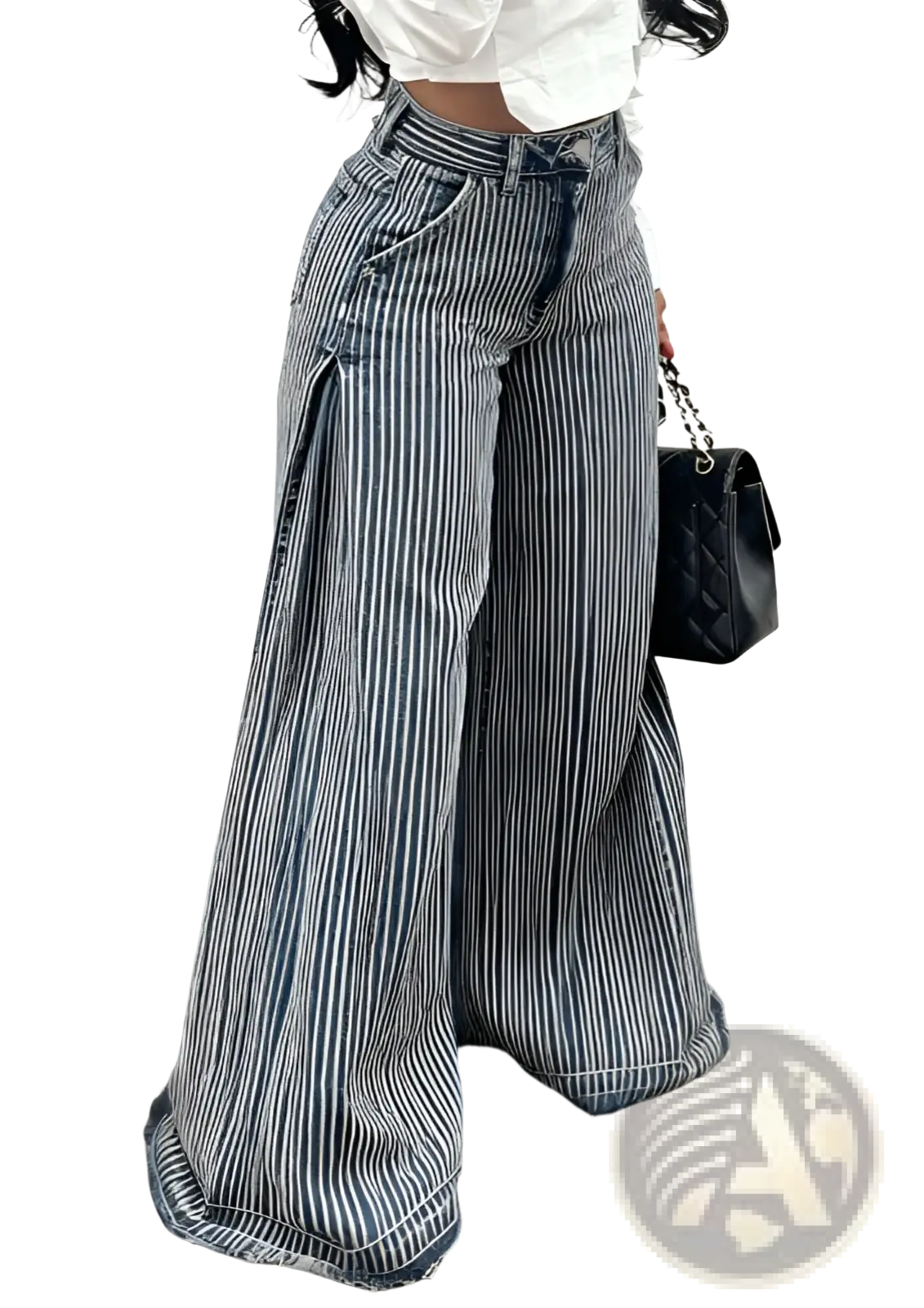 Floral print wide leg denim pants with vertical navy and white stripes high waist and frayed hems for casual wear