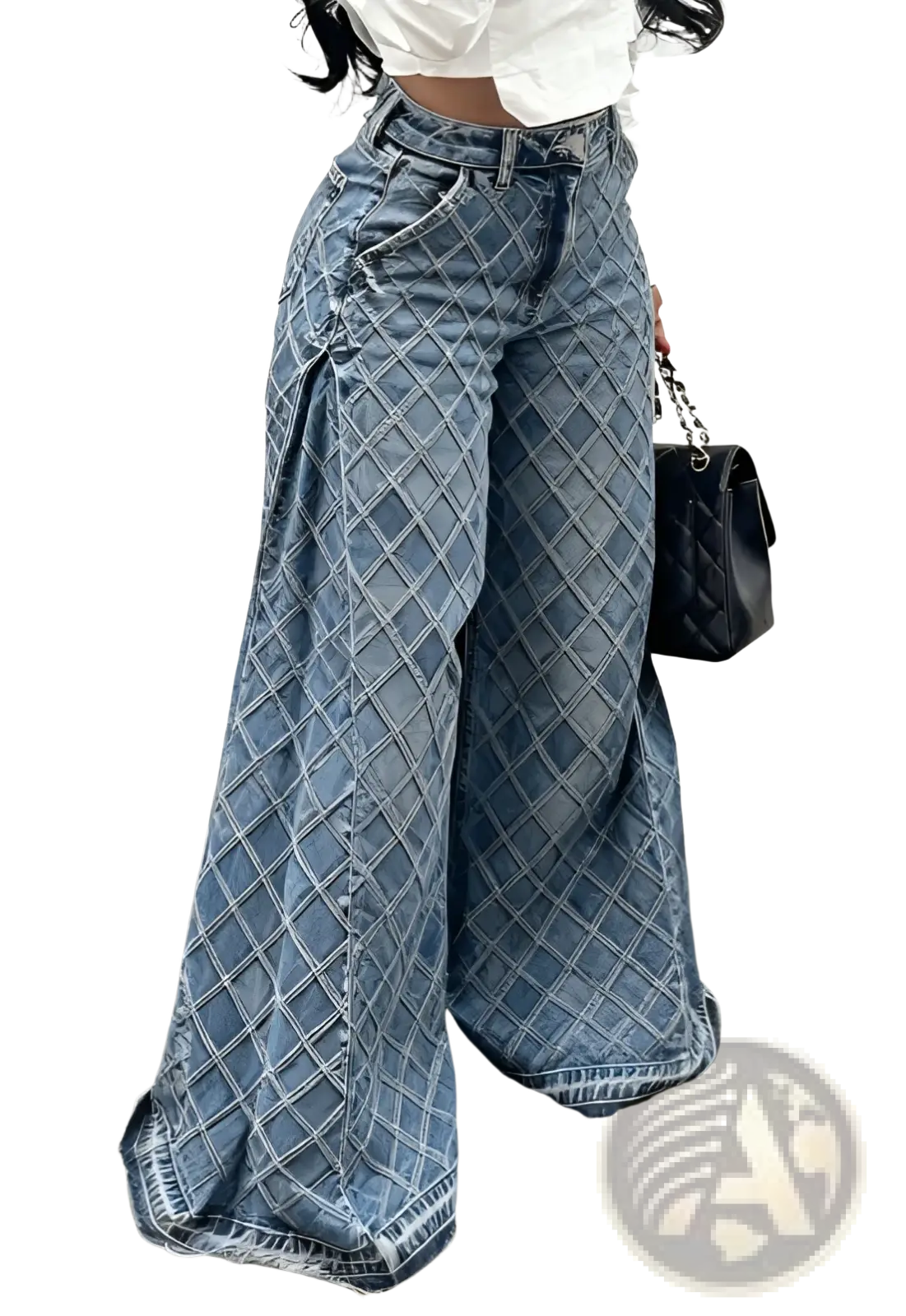 Floral print wide leg pants in light blue denim with quilted diamond pattern for retro casual wear