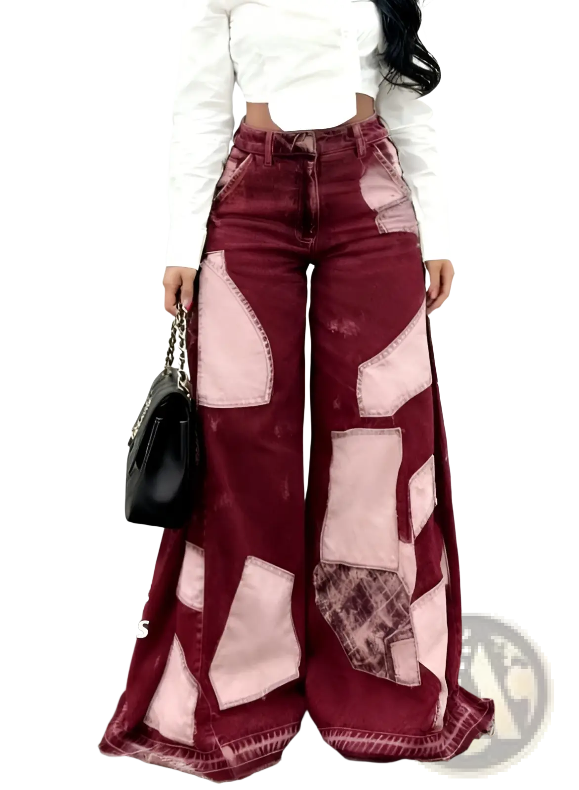 Maroon and pink patchwork wide leg jeans with distressed vintage denim texture in floral print retro casual style