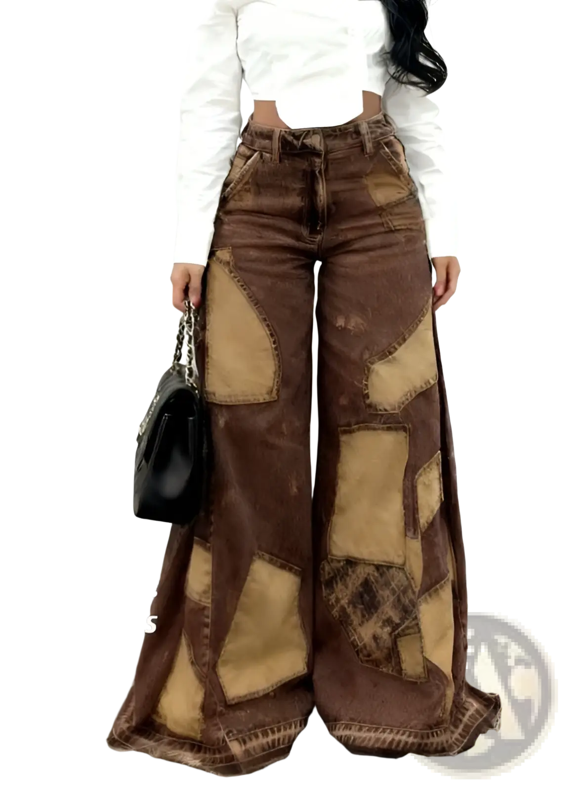 Brown and tan patchwork wide-leg denim jeans with distressed vintage look floral print casual trousers