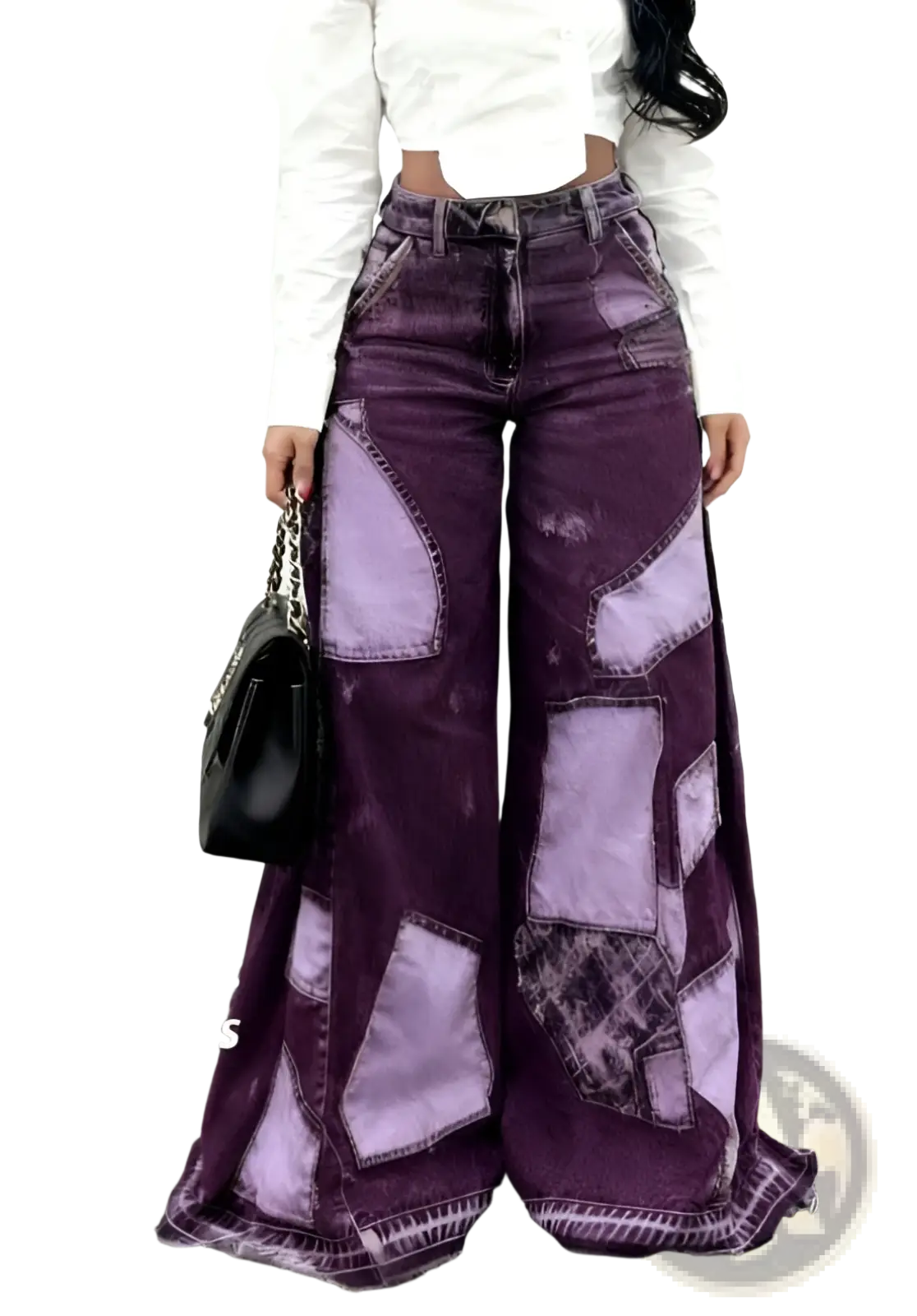 Floral print wide leg pants featuring purple patchwork distressed denim with lighter fabric panels for retro casual wear