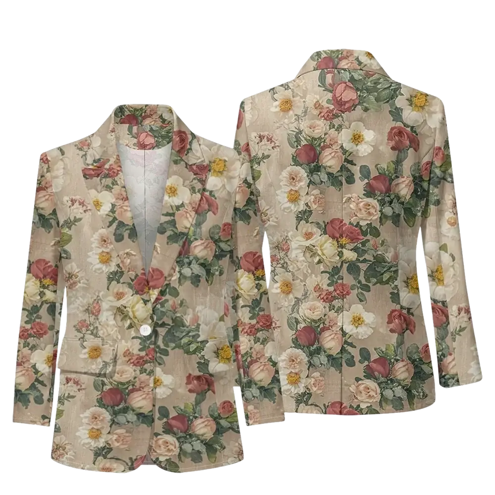 Beige floral print women blazer with pink white and yellow roses on textured fabric for office casual outerwear