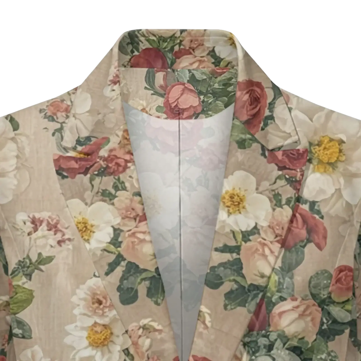 A beige floral print women blazer with vintage roses and daisies in soft pink white and yellow for office casual outerwear