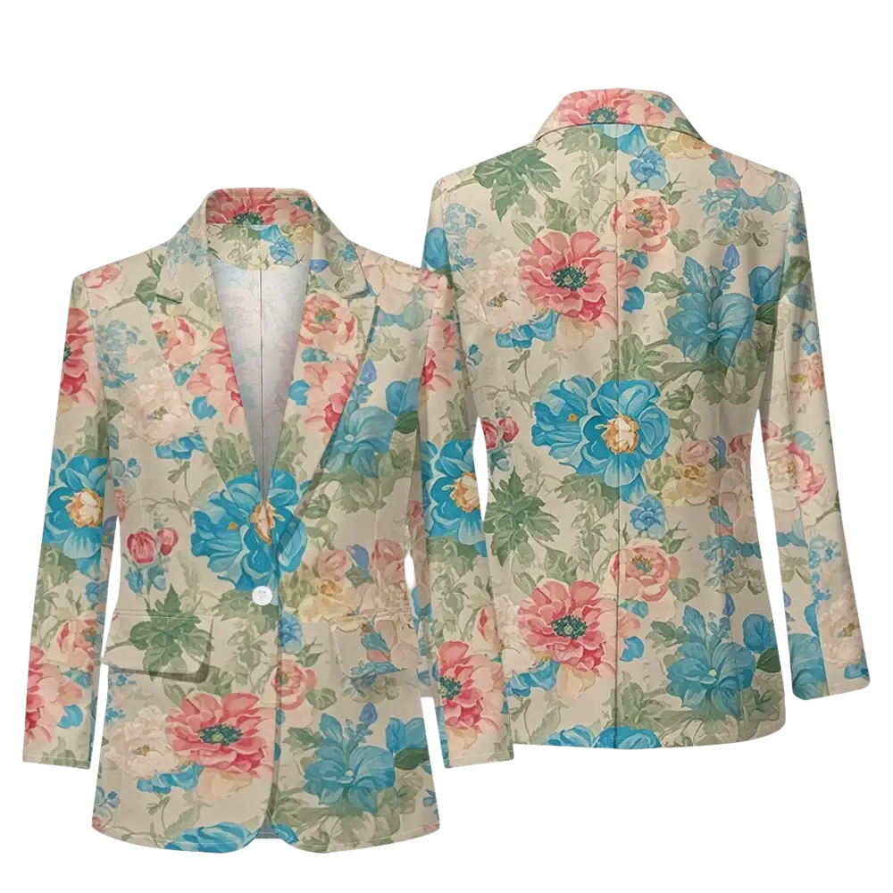 A beige floral print women blazer with pink and blue blossoms and green foliage for office casual outerwear