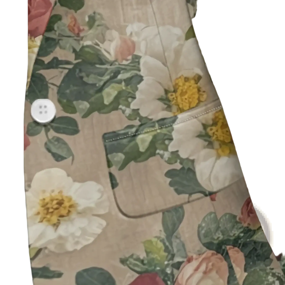 Beige floral print women blazer with white and yellow blossoms, green leaves, single white button for office casual wear