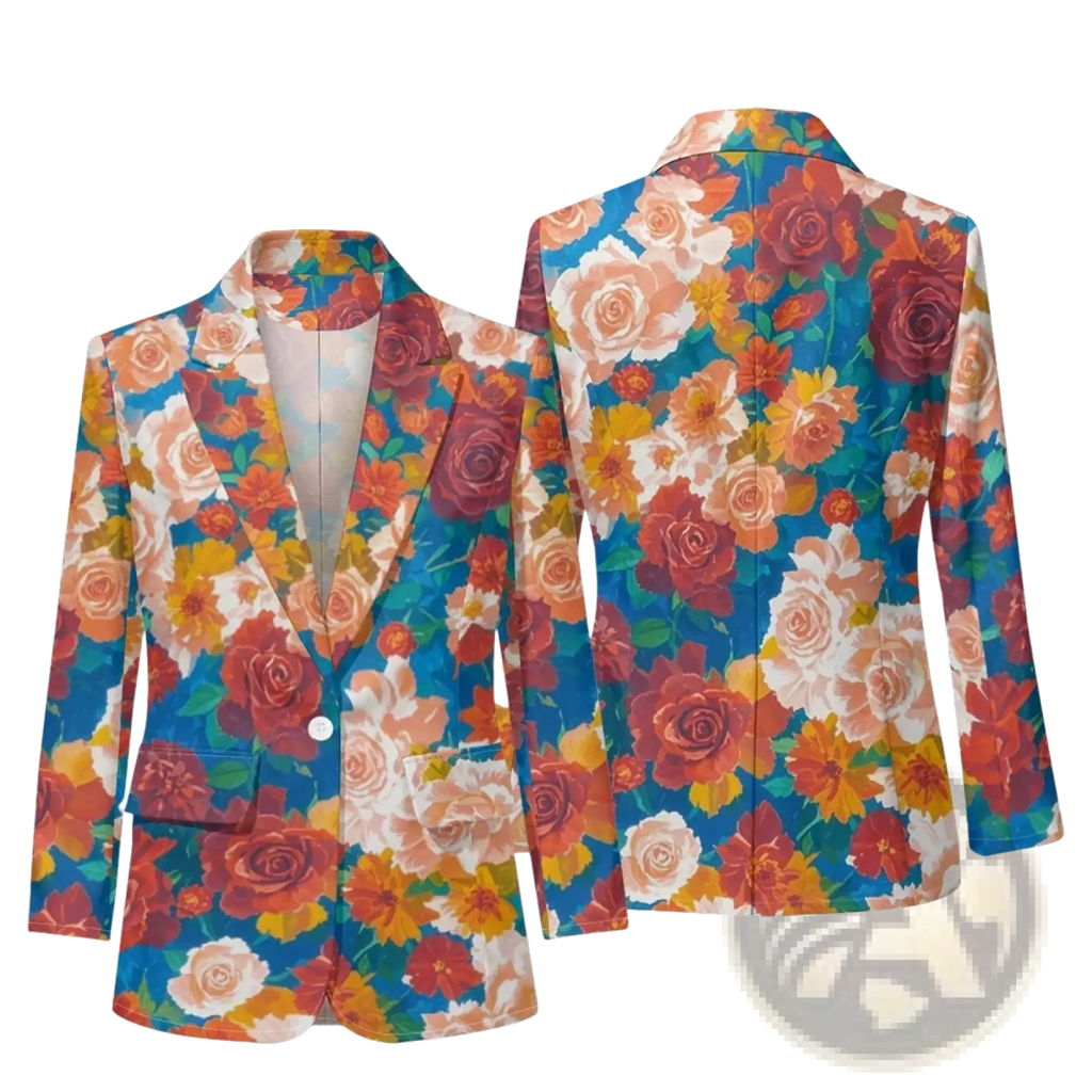 Floral print women blazer featuring vibrant red orange and peach roses on teal for office casual outerwear