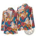 Floral print women blazer featuring vibrant red orange and peach roses on teal for office casual outerwear
