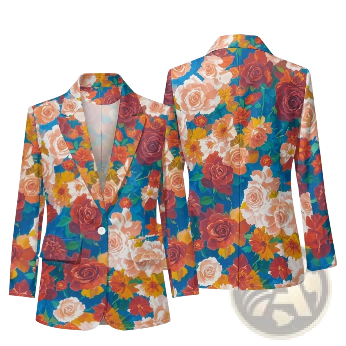 Floral print women blazer featuring vibrant red orange and peach roses on teal for office casual outerwear