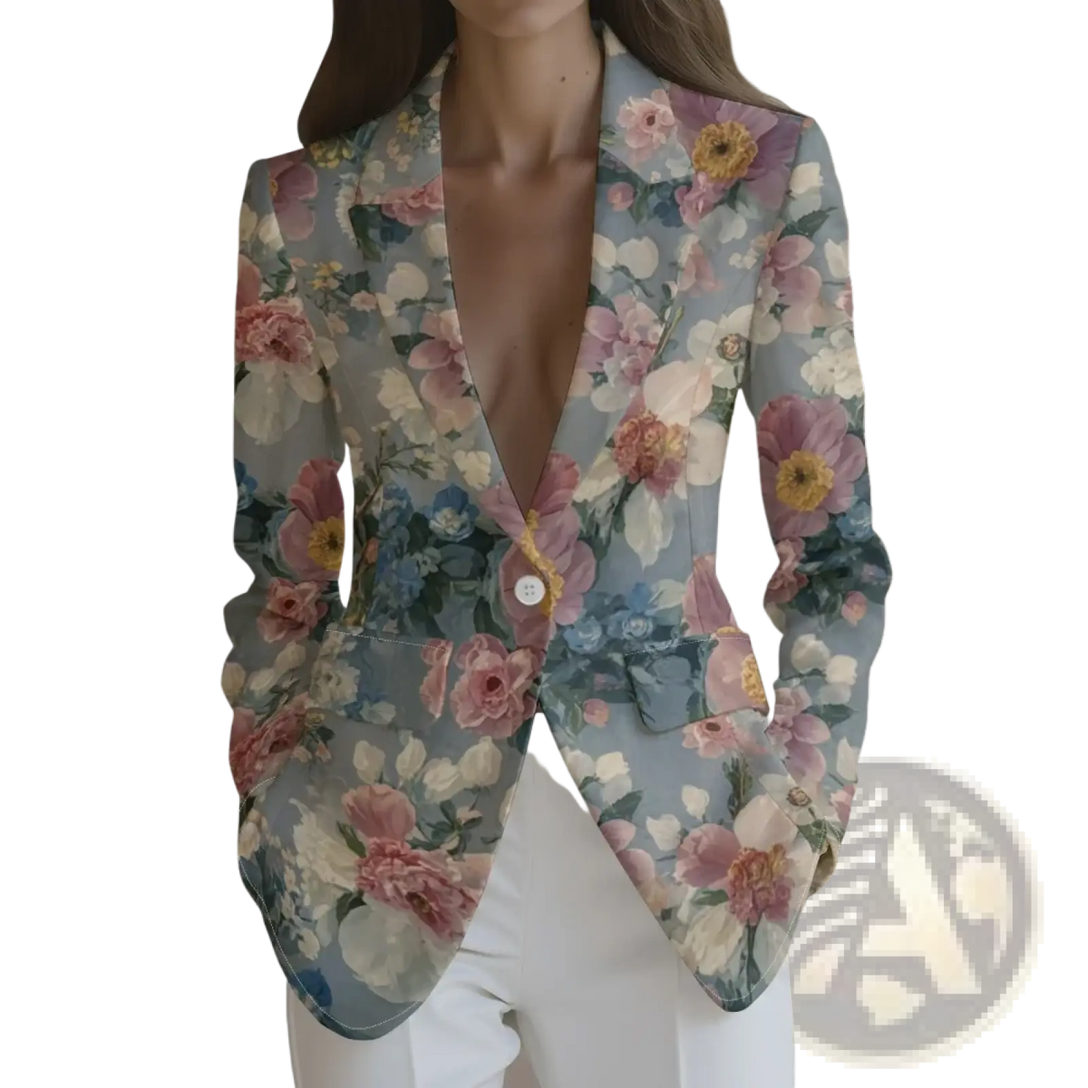 Floral print women blazer in light blue with pink white and yellow blossoms on soft fabric for office casual wear