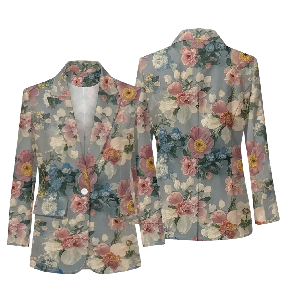 A light gray floral print women blazer with pink white and blue blossoms for office casual outerwear