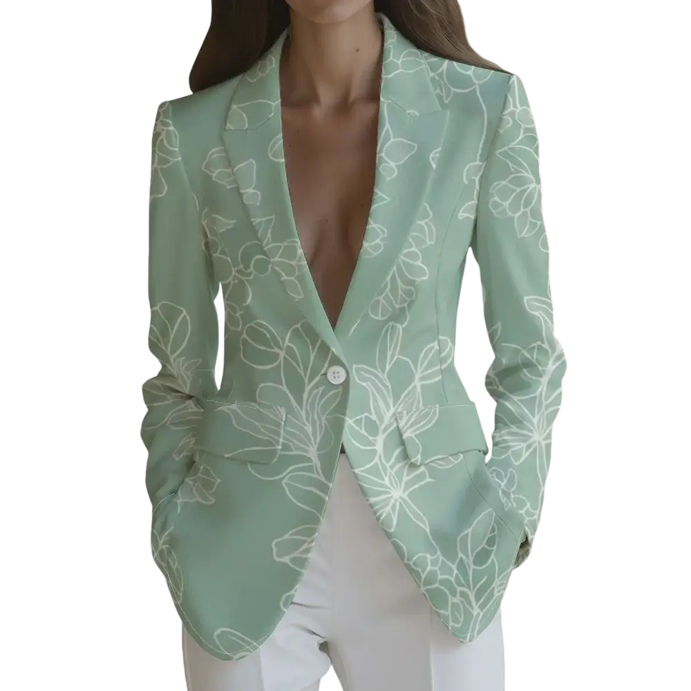 Mint green women blazer with delicate white floral embroidery suitable for office casual outerwear