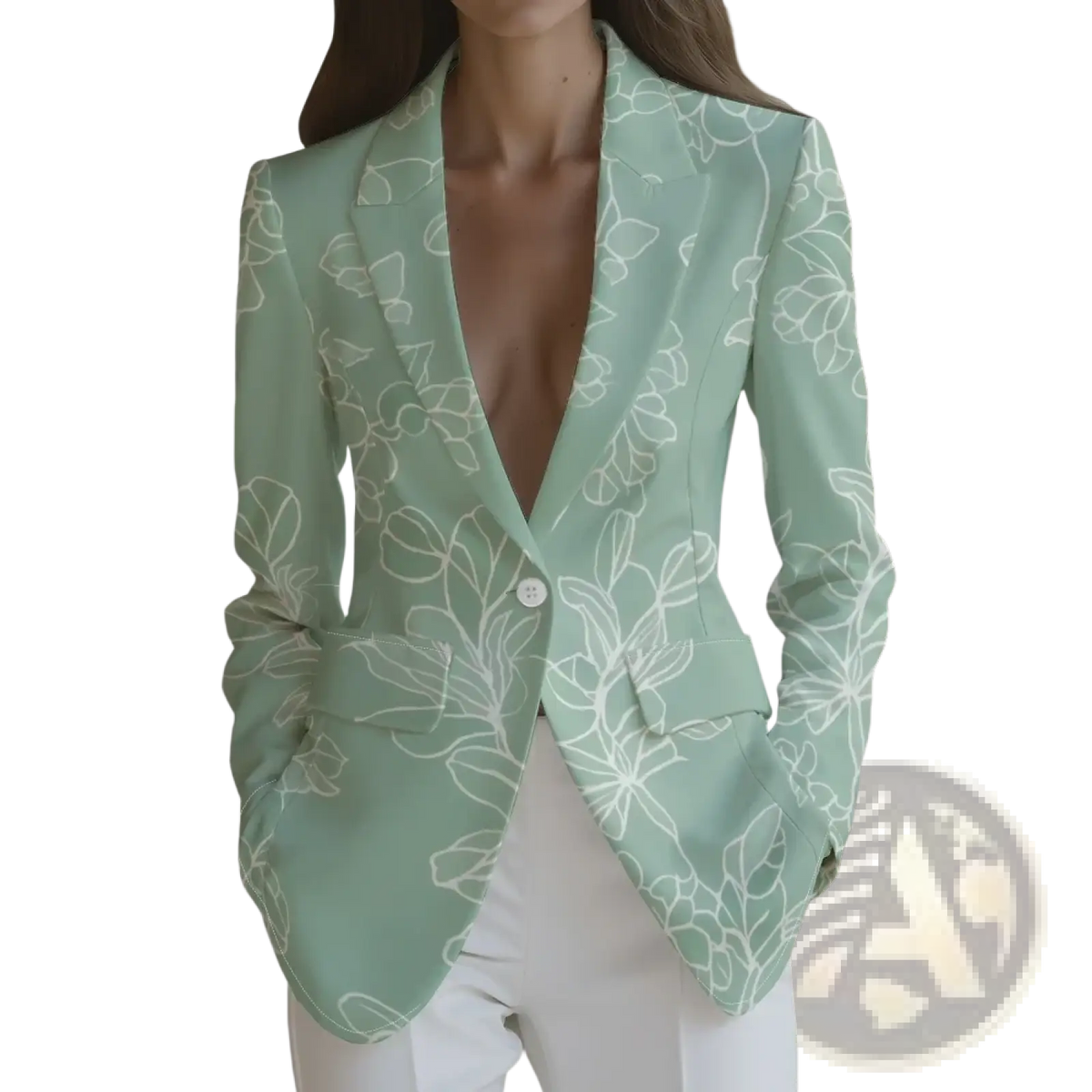 Mint green women blazer with delicate white floral embroidery suitable for office casual outerwear