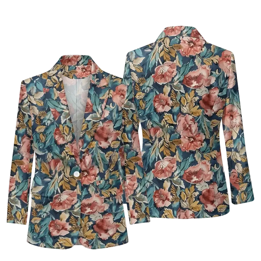A navy blue floral print women blazer with pink roses and green leaves made from smooth fabric for office casual wear