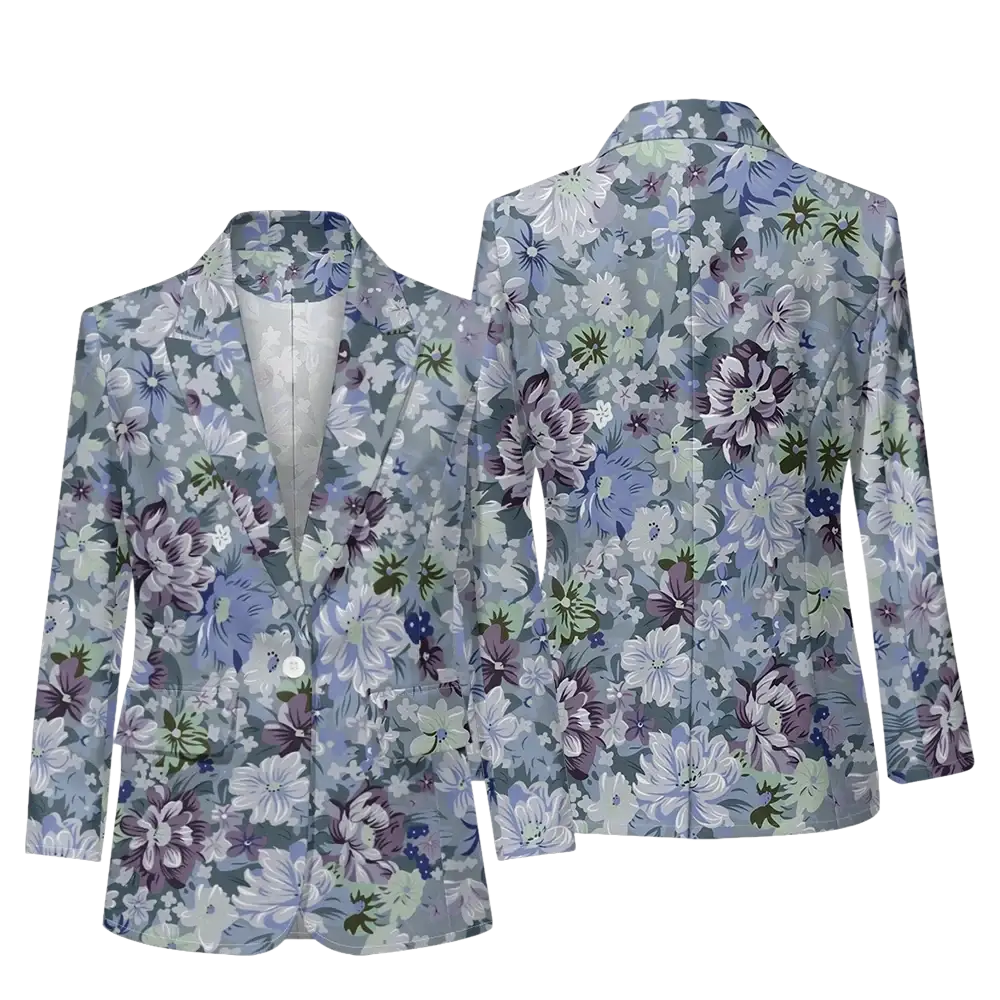 A floral print women blazer with delicate lavender white and muted purple pattern on soft gray for office casual wear