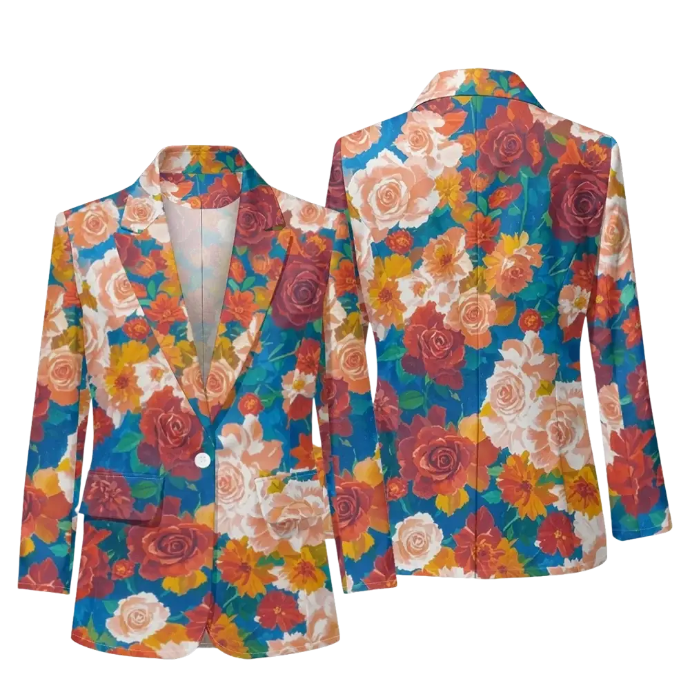 Floral print women blazer featuring vibrant red orange and peach roses on teal for office casual outerwear
