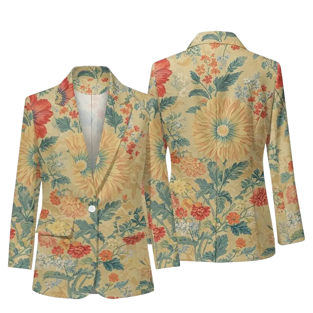 A vibrant floral print women blazer in warm red orange and teal tones on beige for office casual outerwear