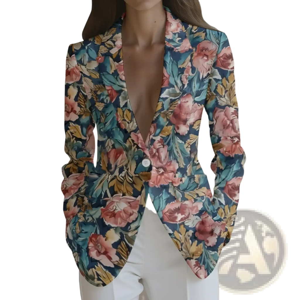A woman wearing a navy blue floral print women blazer with pink roses teal leaves and golden accents for office casual outerwear