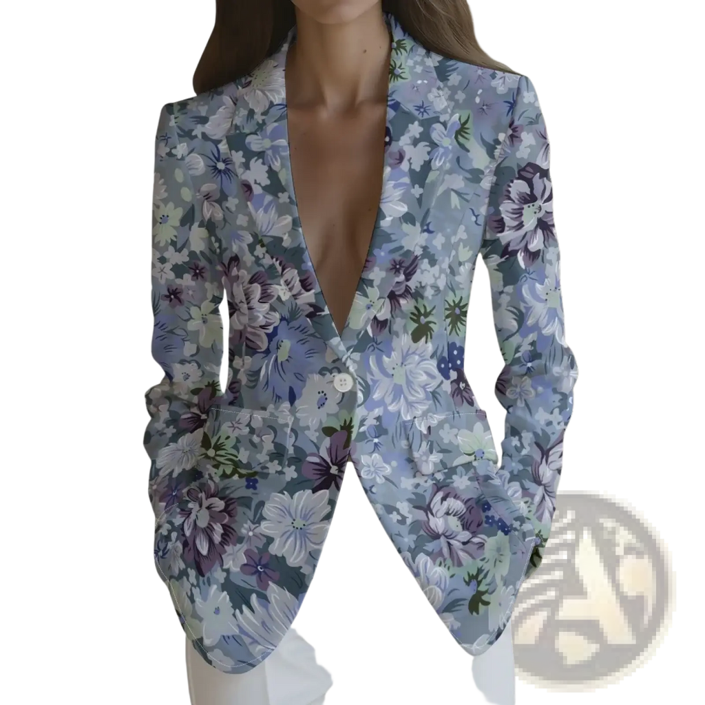 Floral print women blazer with lavender white and purple floral pattern on light blue for office casual outerwear