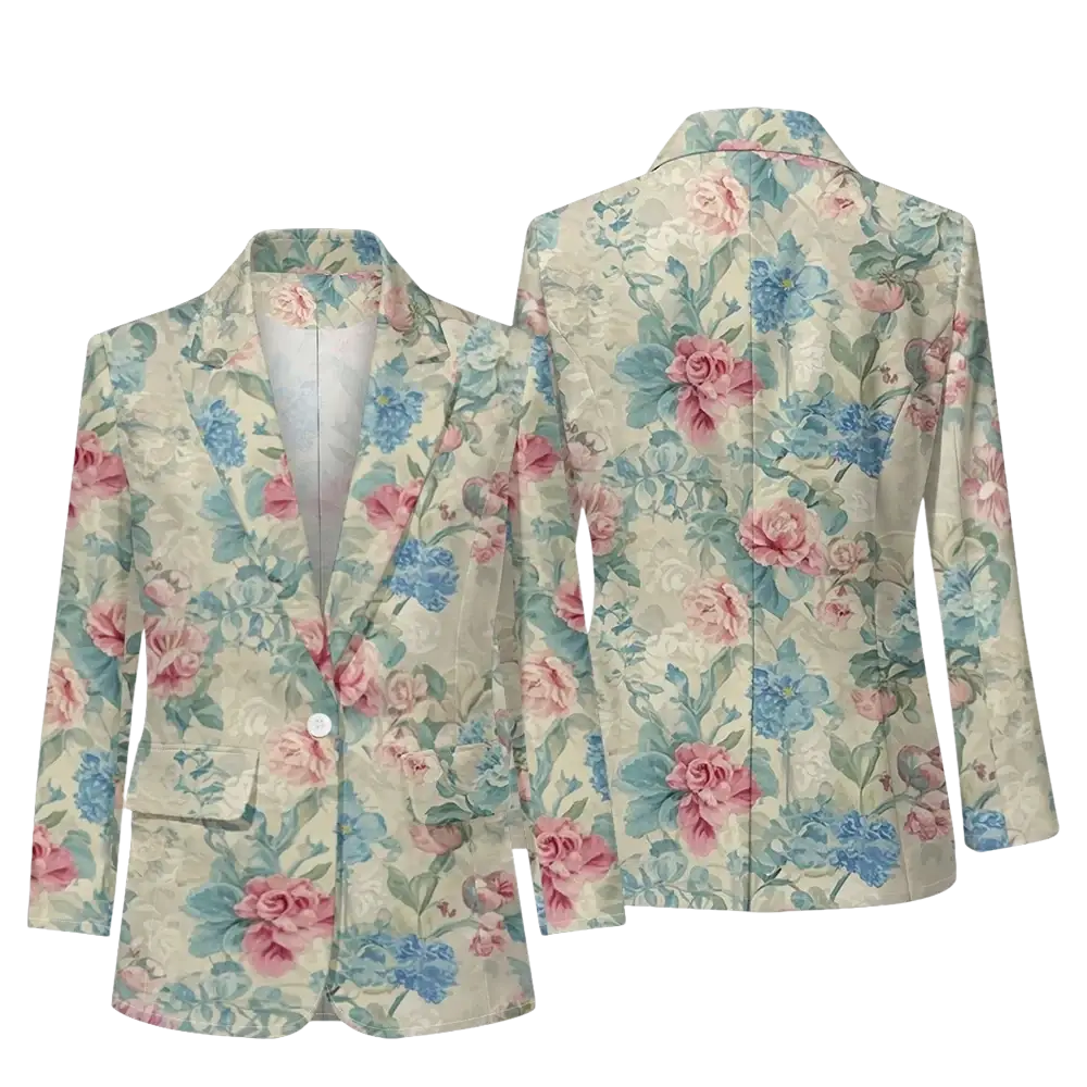 Floral print women blazer with pink roses and blue flowers on off-white lightweight fabric for office casual wear
