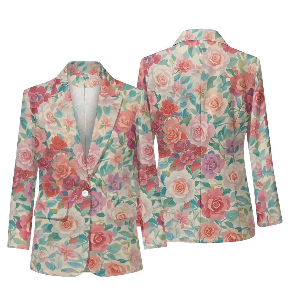 Floral print women blazer with pink peach and white roses on cream background for office casual outerwear