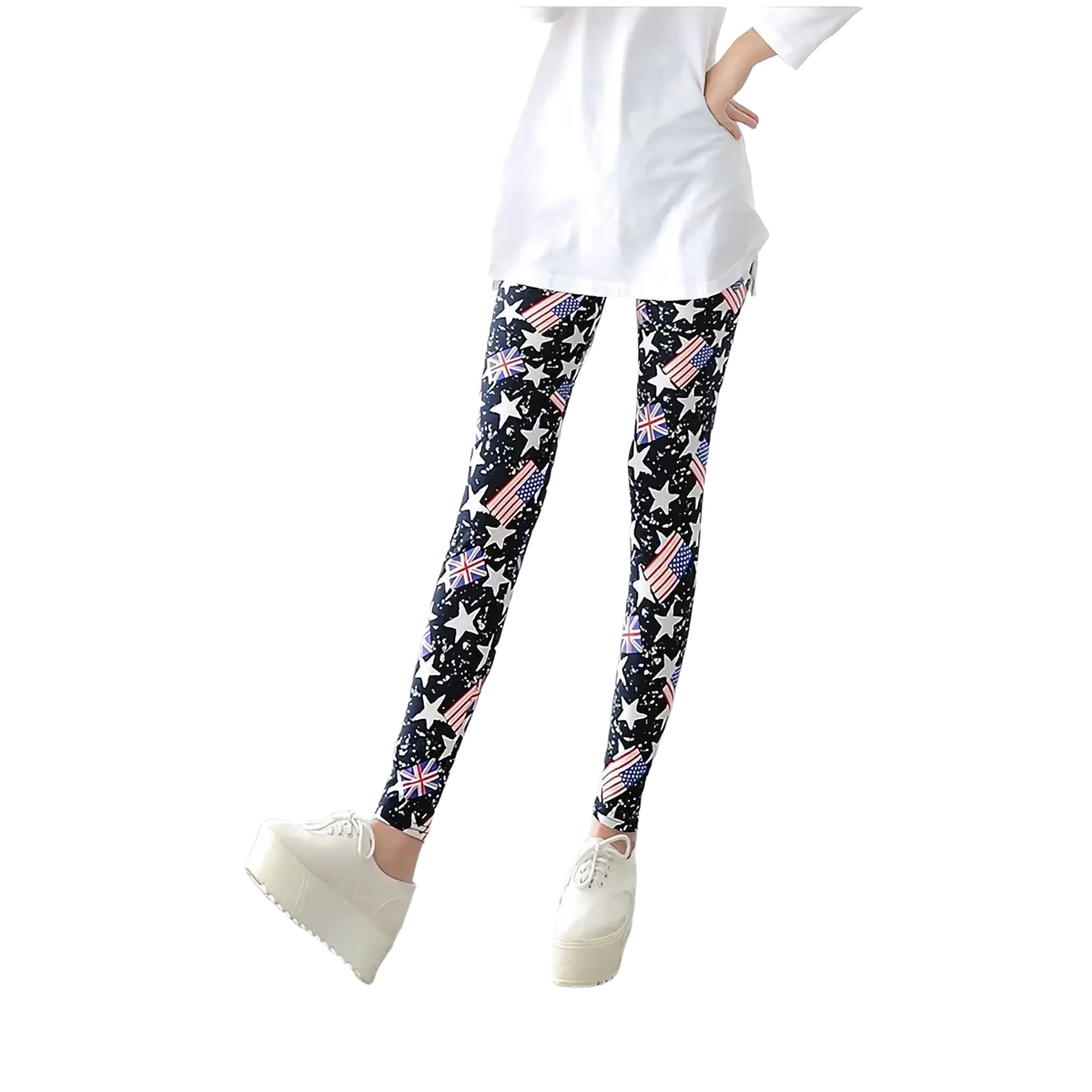 Black floral print workout leggings for women featuring vibrant white stars and american and british flag patterns