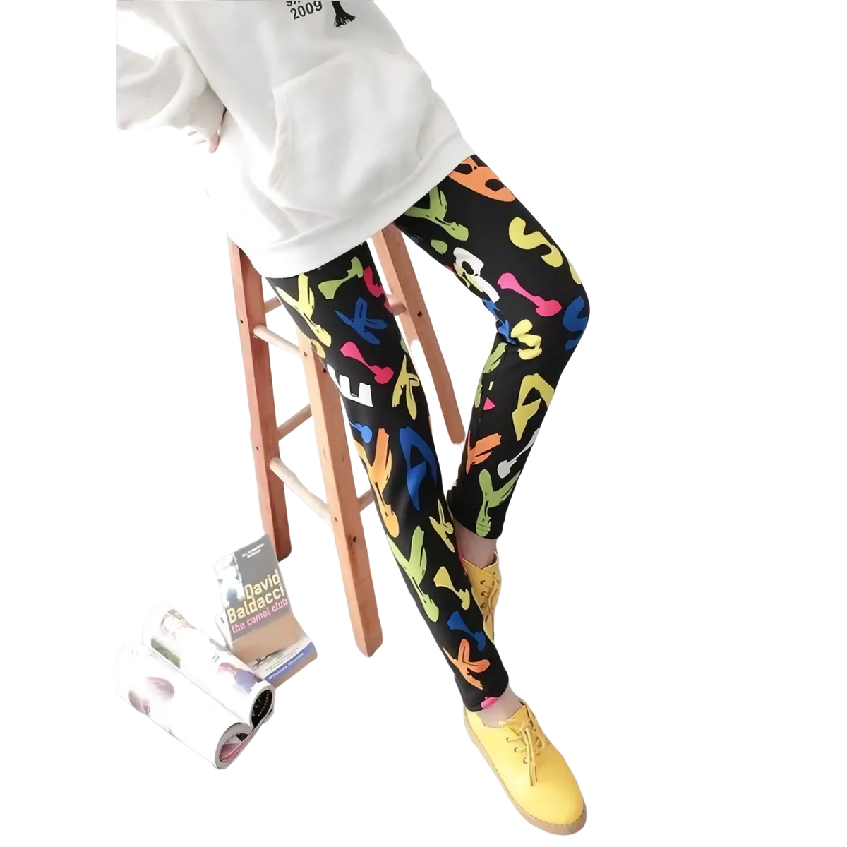 Black leggings with a vibrant multicolored cartoon bone and letter pattern floral print workout leggings for women