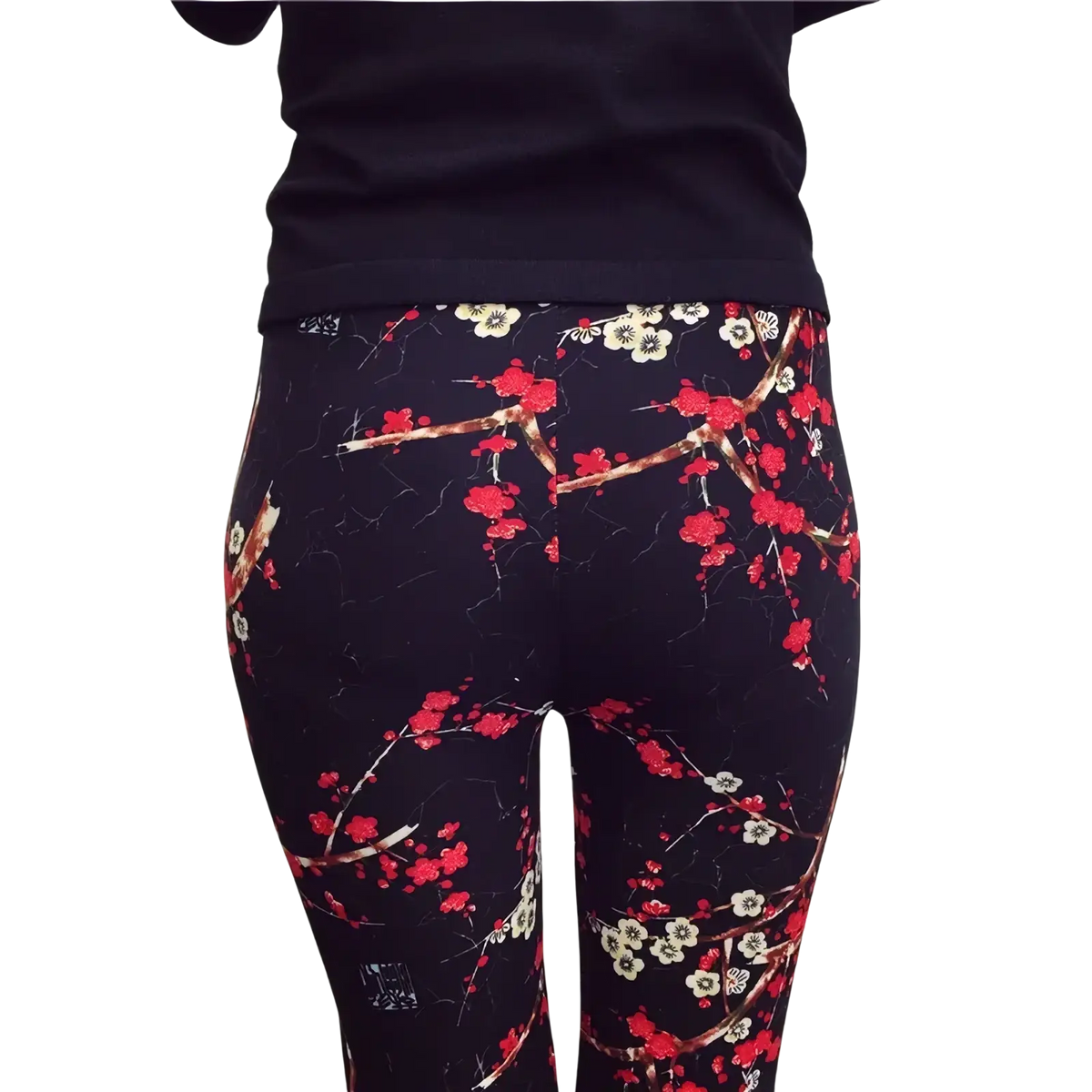 Floral print workout leggings for women in black with red and white blossoms on brown branches pattern