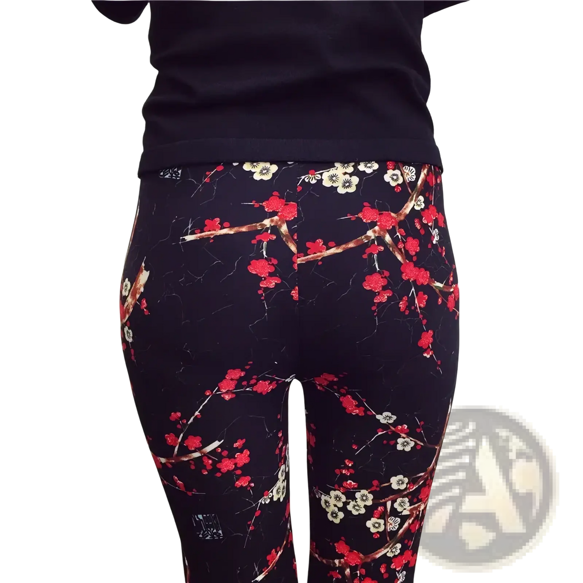 Floral print workout leggings for women in black with red and white blossoms on brown branches pattern