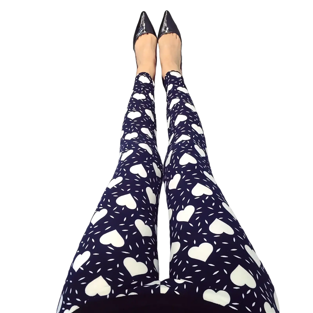Black floral print workout leggings for women featuring white heart patterns and small decorative dots
